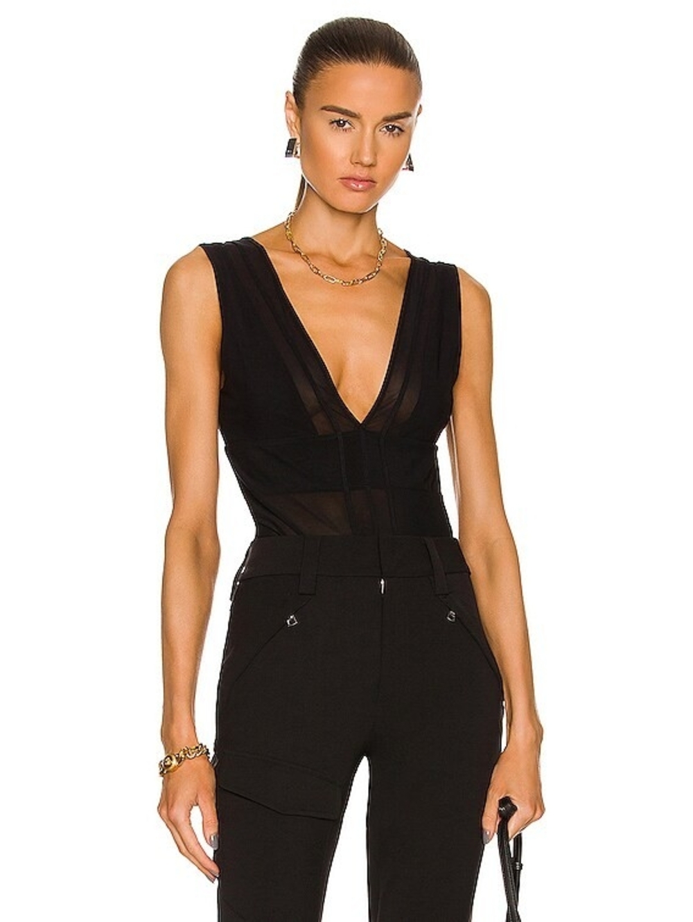 Gauge81 Black Sleeveless Deep V Sheer Bodysuit